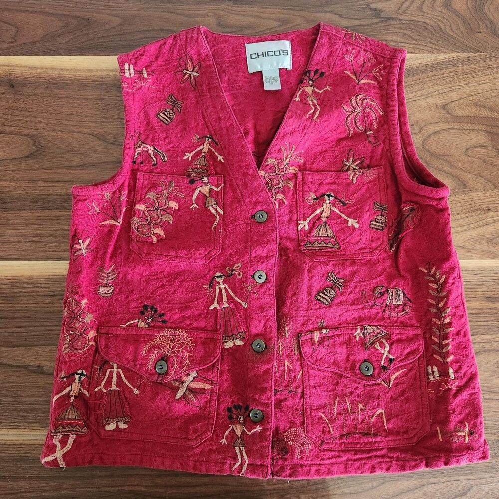 Chicos Vintage Size 1 Medium Red Embroidered Vest Artsy Art to Wear Boho Tribal